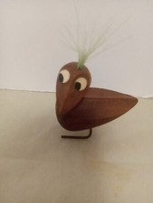 Danish Teak Carved Bird Lg Eyes Green Tuff Hair Brass Legs,feet