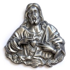 Vintage Jesus Sacred Heart Metal Wall Plaque Silver Tone 5" Coracao Catholic