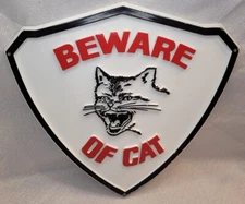 " BEWARE OF CAT " Vintage Plastic Shield Wall Sign 11 inch