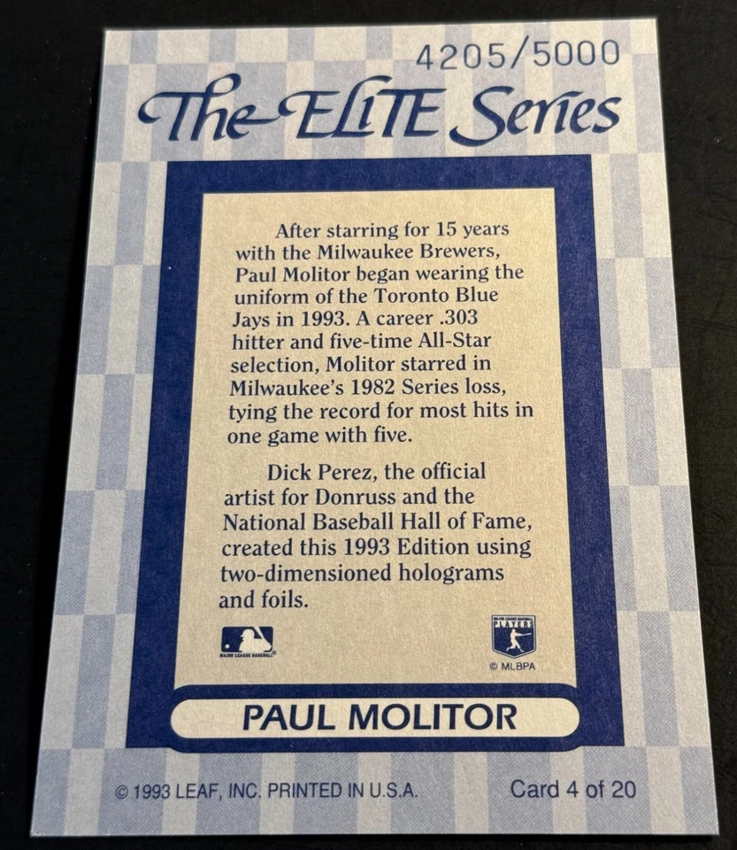 1993 Leaf Elite Series Paul Molitor Toronto Blue Jays /5000 - Image 2 of 2