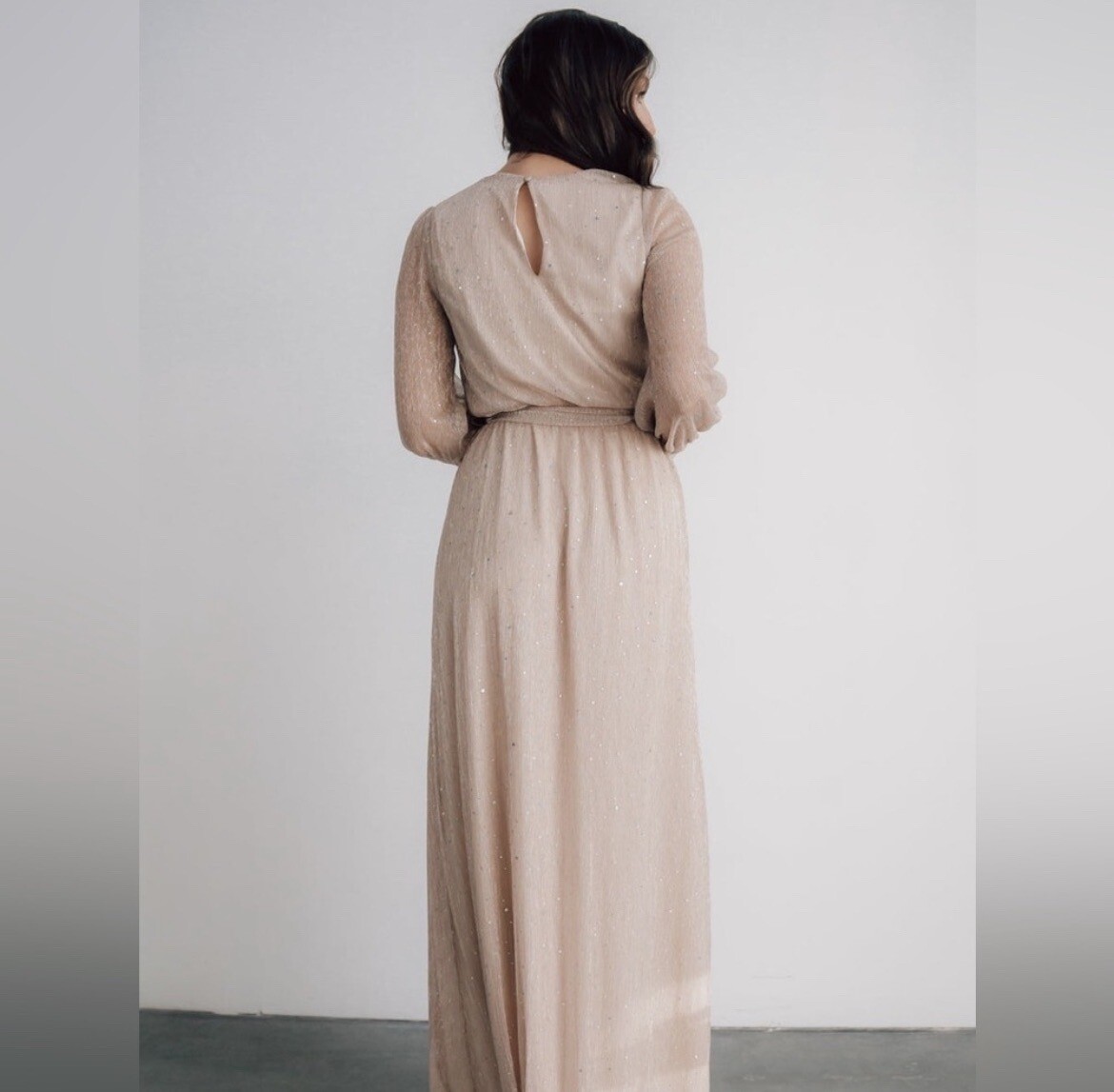 Champagne Gold Champagne Sequin Split Maxi Dress Baltic Born Abigail  Sparkle Sequin Long Sleeve Tie Waist