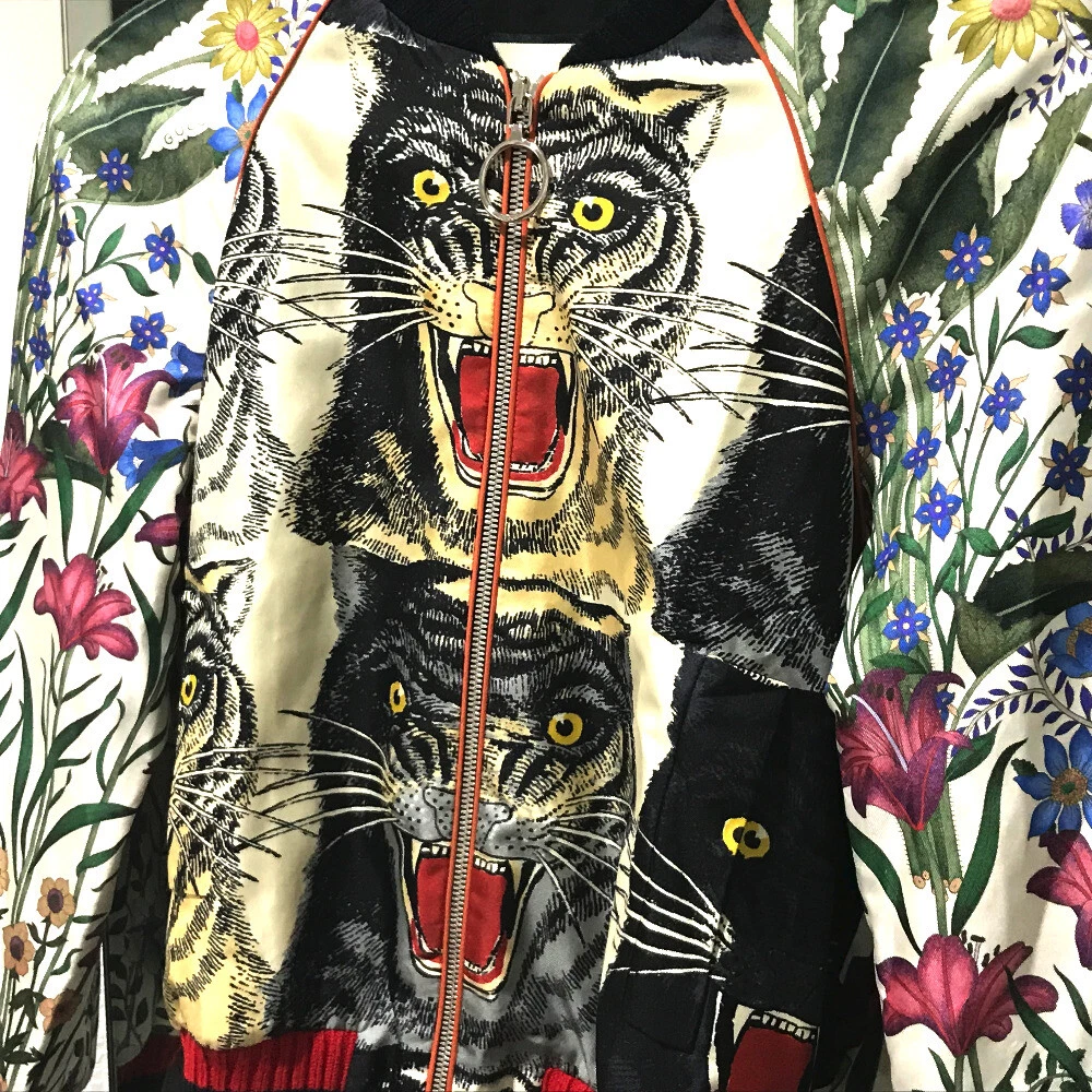 GUCCI 476247 Stampa Taiga Bomber Giacca Floreale Camicia Seta Paillettes Multicolore