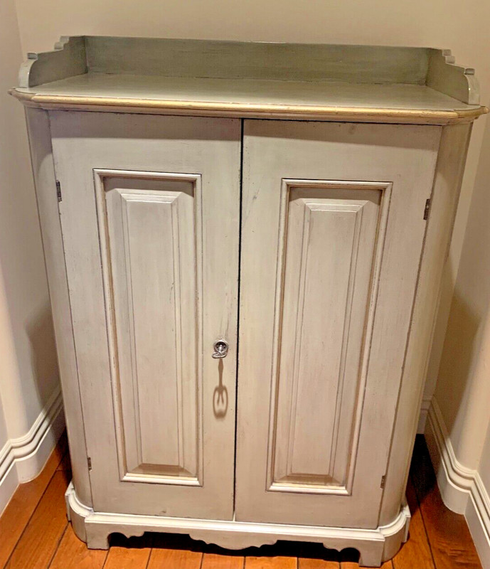 CUPBOARD Antique PAINTED BLUE-Gr SILVER GRAY 36 - 42" TALL 33" WIDE AND 17" DEEP