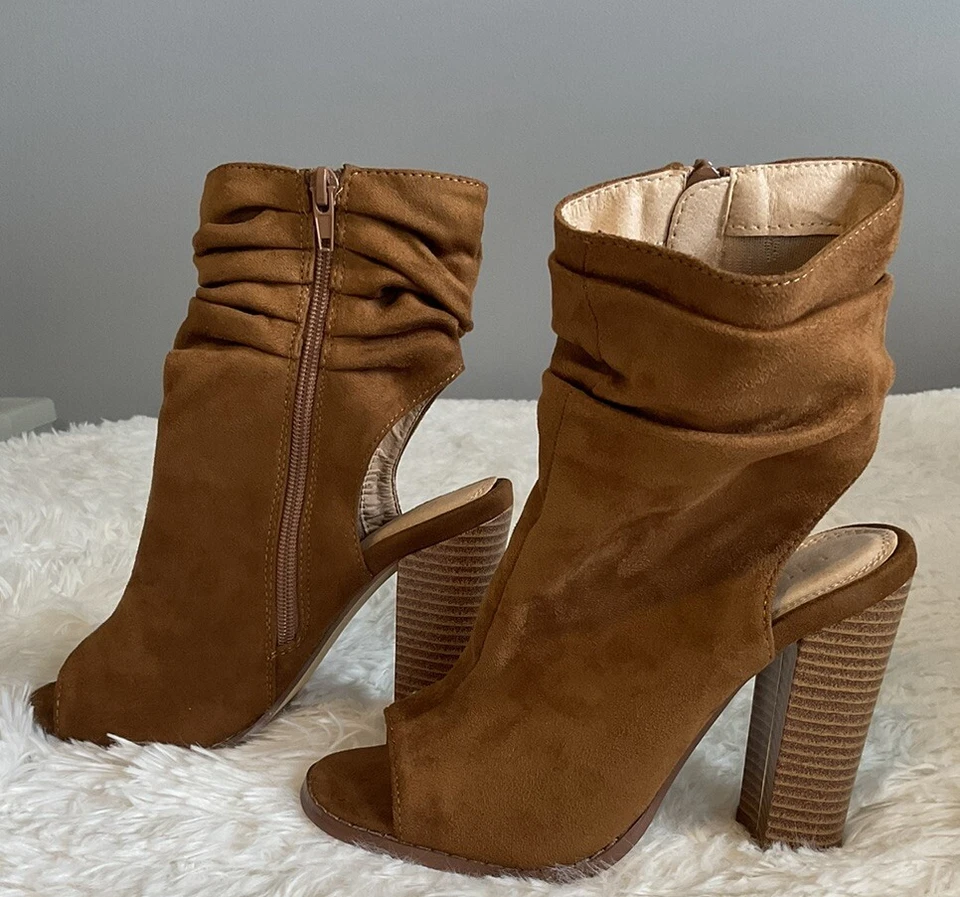 Liliana Anson-1 Ankle Boots Slouch Suede Peep Toe Chunky Heels Size 6 Tan NEW - Image 3 of 4