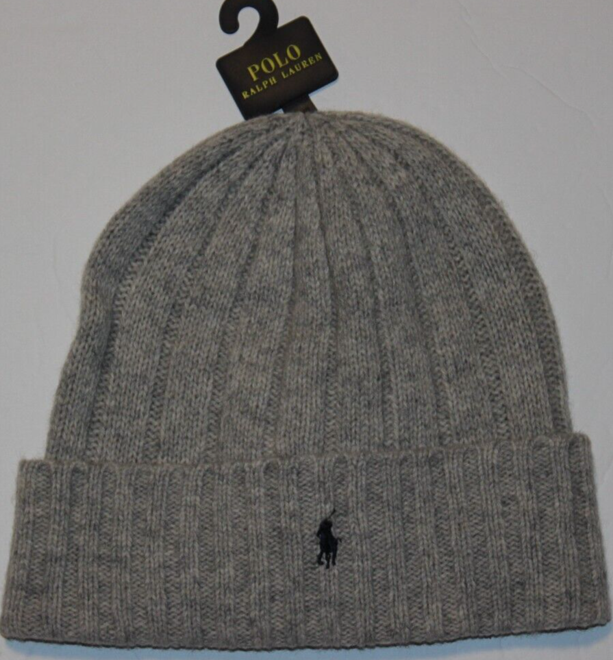 Cappello Polo Ralph Lauren lana maglia polsini berretto teschio a costine grigio logo pony