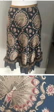 Nicole Miller Collection Peacock Print Silk Stretch Skirt Ruffle Hem Fur Size 2