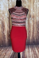 Mori Lee Women’s Sleeveless Mock Neck Red Bodycon Mini Dress Beaded Size 4