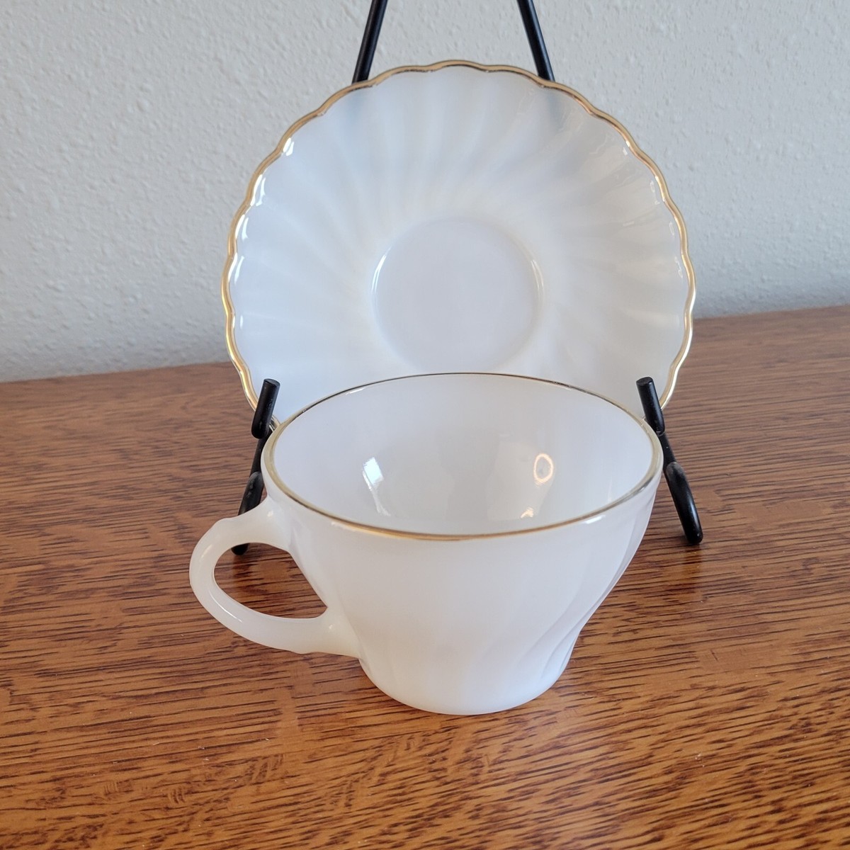 Anchor Hocking White Milk Glass Swirl Gold Rim Cup & Saucer 