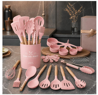 Kitchen Utensil Set Silicone, 11pcs Heat-Resistant Kitchen Tool Set Pink
