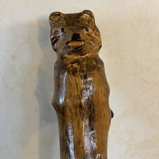 Hand Carved Wood Walking Staff Hiking Stick 63” Bear Top W/ Wood Spirit Faces