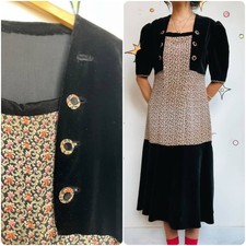 Vintage 40s Velvet Floral Print Dress Secretary Rococo Goth, Boho Grunge M/L