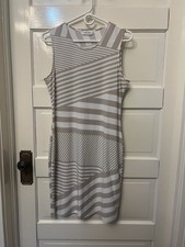 Calvin Klein Beige White Striped Sheath Dress Size 10 Geometric fitted