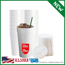 20 OZ Foam Cups With Lids for Hot  Cold Drinks, USA-Made 25-Pack. Ideal Styrofo