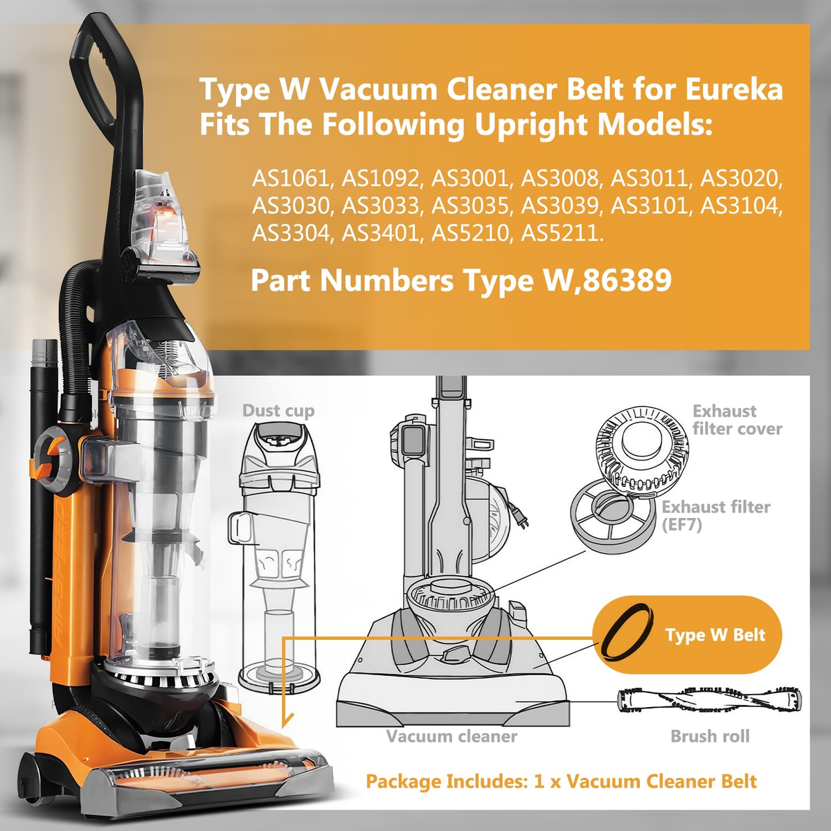 Type W Vacuum Cleaner Belt for Eureka Fits the following Upright