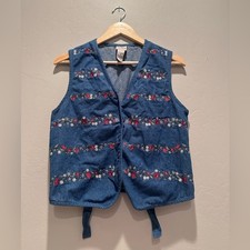 Vintage Embroidered Floral Denim Vest Size P Cottagecore Western