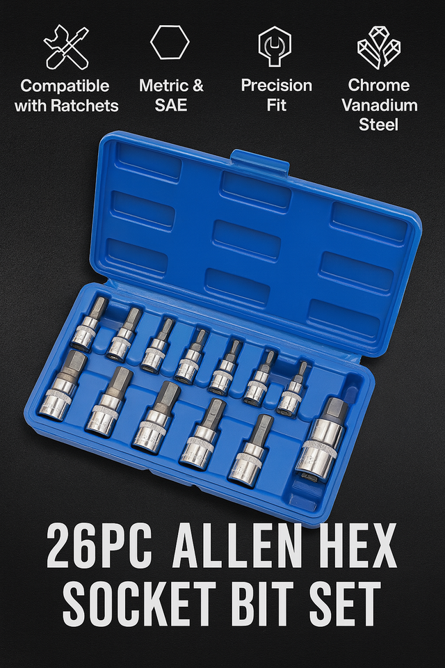 Allen Tools Socket Set Allen Hex Socket Bit Set 26PC | Metric SAE | 1/4 3/8 1/2 Drive | Tool ...
