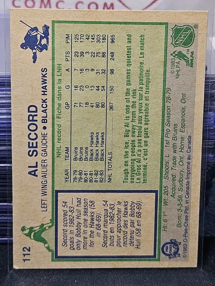 83-84 O-Pee-Chee Al Secord 🚨🚨🚨 Chicago Blackhawks - Image 2 of 2