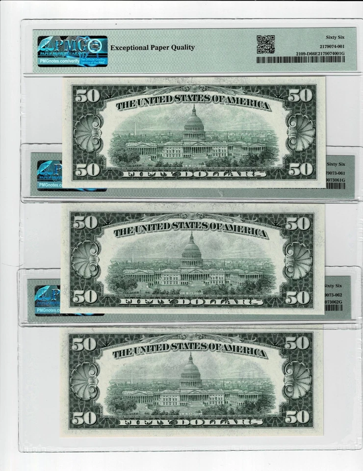 Consecutive Triplet 1950B $50  FR 2109-D DA Block PMG 66 EPQ Sequential - Image 2 of 4