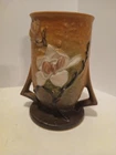 Roseville Pottery Vase with Green and White Magnolia Flowers Double Handle 87-6