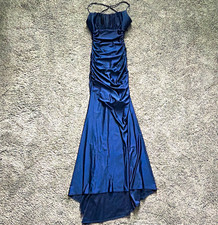 B. Darlin Navy Satin Ruched Strappy Long Maxi Formal Party Gown 7/8 Zip