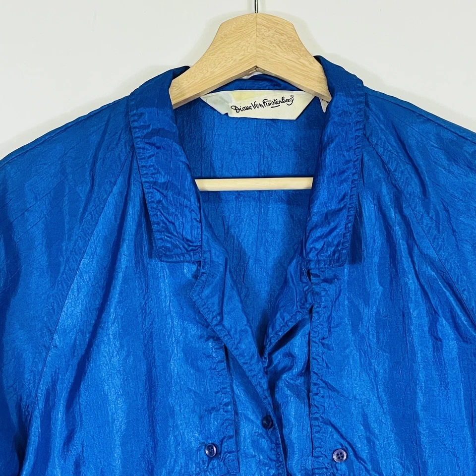 Blusa Top Mujer Diane von Furstenberg Vintage Azul Satinado Manga Larga Pequeña Foto 2 de 4