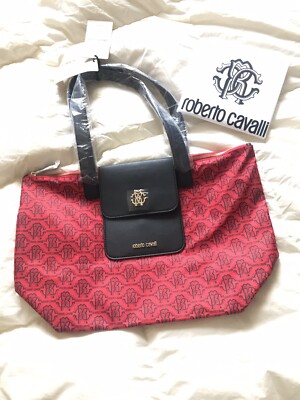 Roberto Cavalli Damen Einkaufstasche Rot Leder und Stoff
