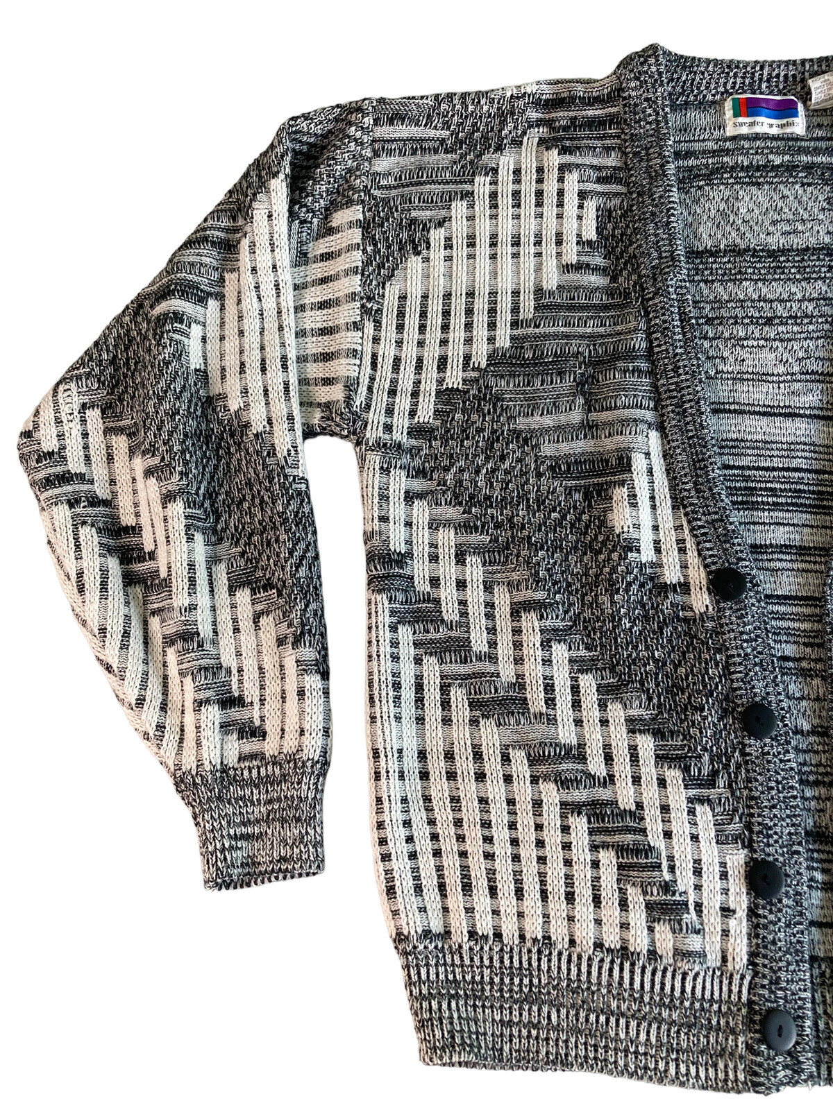 Vintage SWEATER GRAPHIX Cardigan Mens Large 80s 90s Gray White Cosby