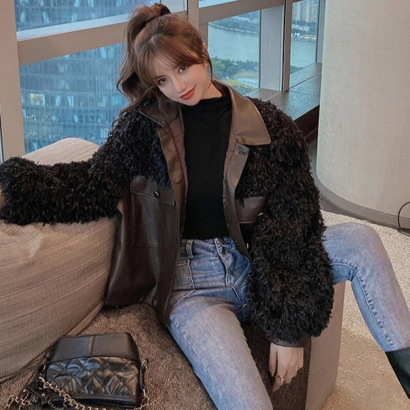 Ladies Faux Fur Leather Jacket Coat Splice Motorcycle Outerwear Patchwork Black - Image 4 of 4