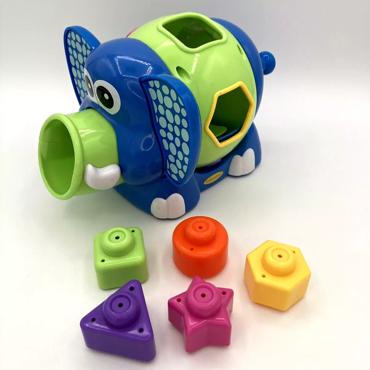 Infantino Elephant Jumbo Shape Sorter Blue Green With 5 Blocks Shapes Baby Toy