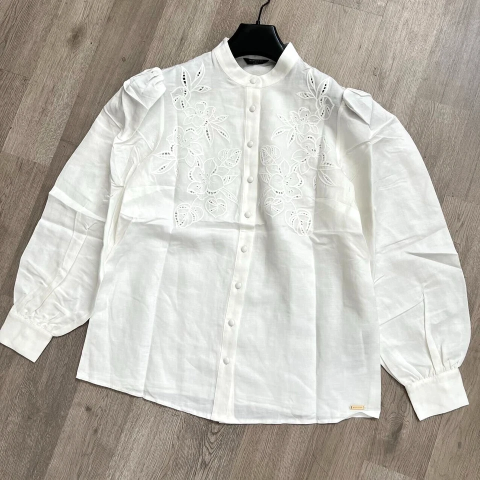 Новый без ценников Marciano Guess вышитая льняная смесь рубашка Puff рукав кремовый XXS как S-M - Изображение 2 из 4