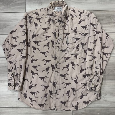 Vintage Columbia Shirt Long Sleeve Men s  Medium Beige All Over Print Deer