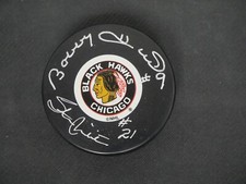 STAN MIKITA BOBBY HULL SIGNED CHICAGO BLACKHAWKS TEAM HOCKEY PUCK JSA COA