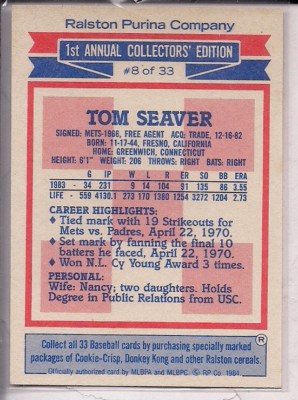 1984 Ralston Purina 1st Annual Collectors' Edition Tom Seaver #8