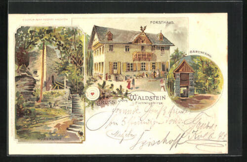 Lithographie Waldstein i. Fichtelgebirge, Forsthaus, Bärenfang, Burgruine 1901  - Bild 1 von 2
