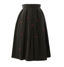 60s Vintage Pleated Skirt Embroidered Circle Skirt Red Flower Pin UpDark Gray XS