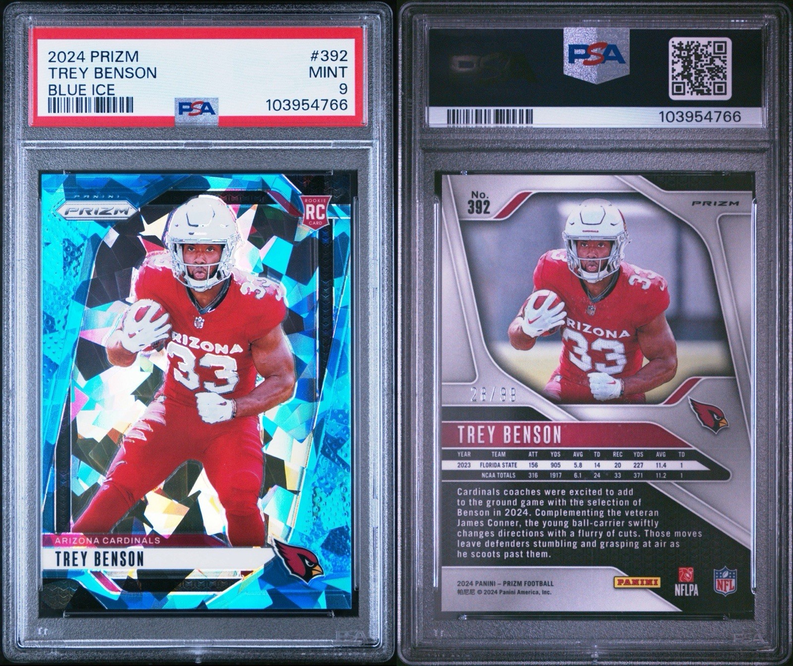 2024 Panini Prizm - Rookies Trey Benson #392 Blue Ice Prizm /99 (RC)