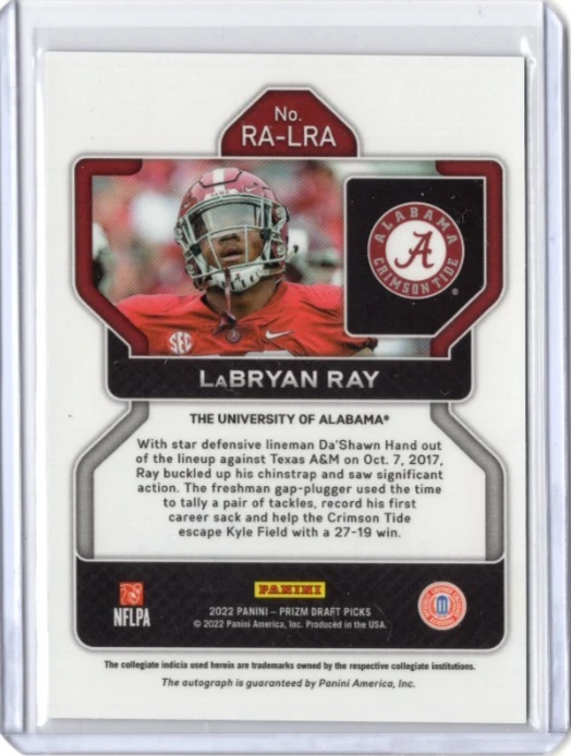 LABRYAN RAY NCAA Alabama 2022 Panini Prizm Draft RC Auto #RA-LRA Card - Image 2 of 2