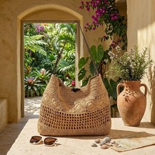 New Fashion Large Capacity Shoulder Tote Straw Bag Hollow Flower Woven Beach