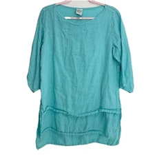 MATCH POINT Asymmetrical Blue Tunic 100% Linen Lagenlook Relax Fit Top Tier S