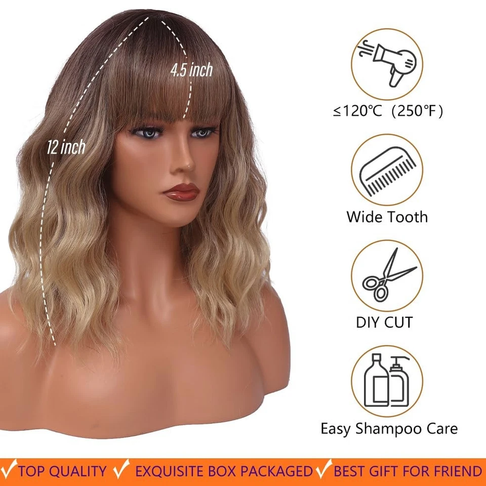 Peluca Rubia 12 Pulgadas Corto Ombre Destacados Bob Peluca Flequillo Ondulado Pelo Rizado Actriz Foto 4 de 4