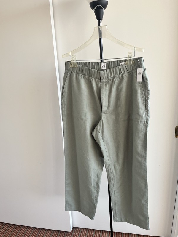 NWT GAP Pant Womens Linen Cotton Blend Wide Leg Sage Green Stretch Waist Zip  L