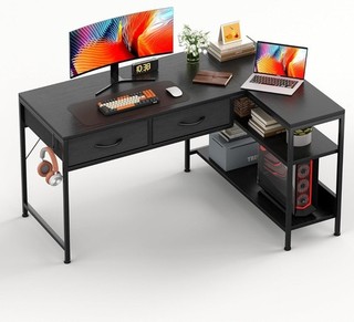 Black Computer Desk L Shaped 2 Drawers 100CM Office Corner Desk Shelves