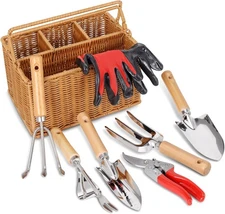 SOLIGT Garden Tools Set with Basket, Heavy Duty Red, Silver, Brown,Red,Black 