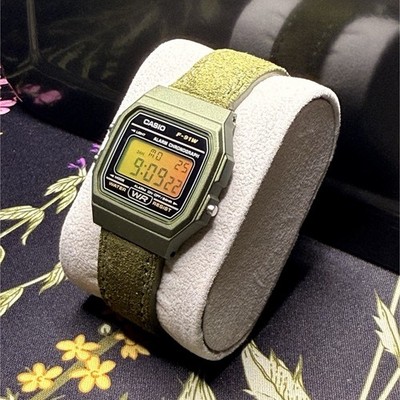 Custom Casio F-91W - Sunset Display w/ Green Suede Genuine Leather Band UNIQUE