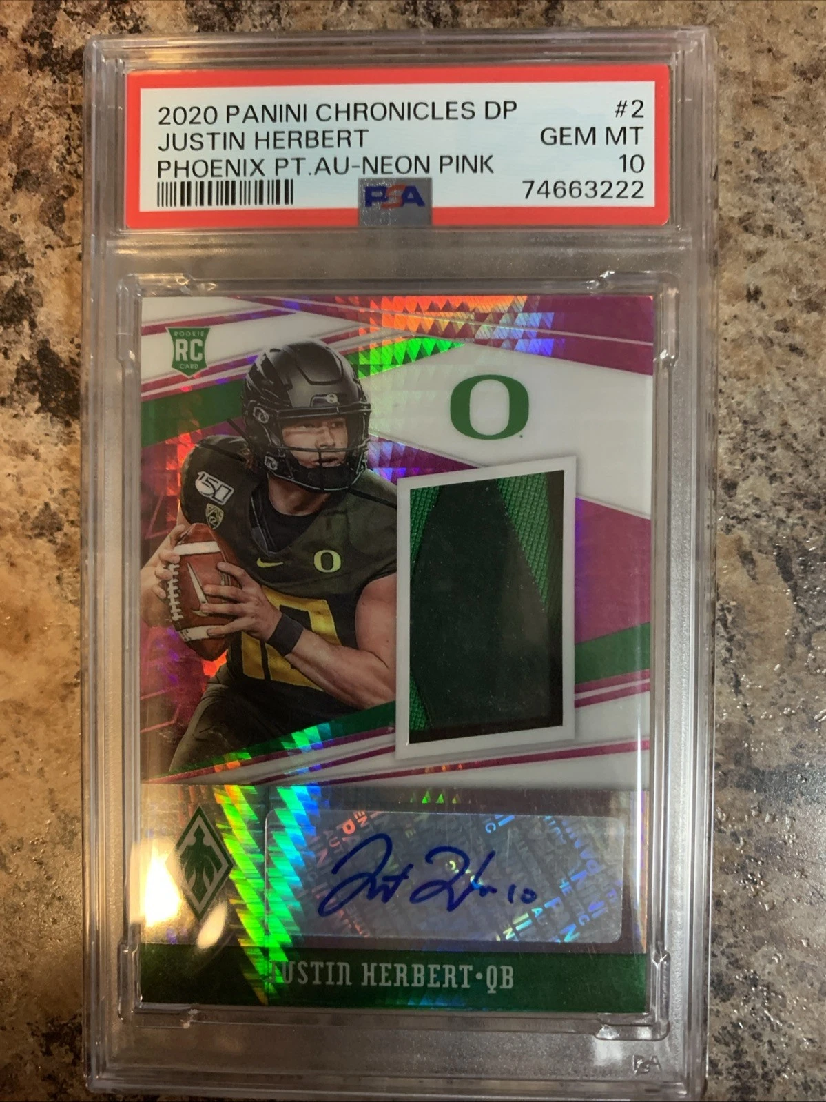 Justin Herbert Panini Chronicles Draft Picks Phoenix Patch Autographs #2 Neon Pink