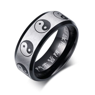 Men 8MM Tai Chi Yin Yang Bagua Balance Ring Stainless Steel Spirit Talisman Band
