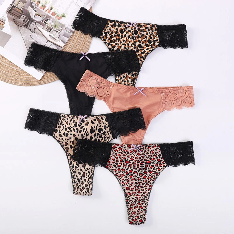 5er Pack Set Sexy Damen Leopard Spitze Höschen Tanga G String Bikini Dessous Slip - Bild 3 von 4