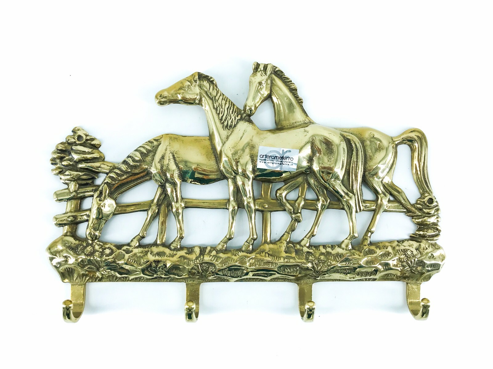 Appendino portachiavi da parete in ottone lucido con decoro di cavalli da parete