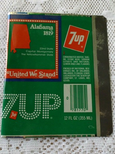 VINTAGE 7-UP UNROLLED ALABAMA SODA CAN * BICENTENNIAL 1976 STEEL CAN * - Picture 1 of 6