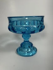 King's Crown Glass Pedestal Compote Ice Turquoise Blue Retro